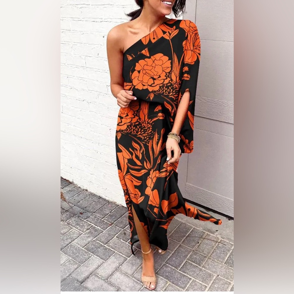 Rosie Printed One Shoulder Split Hem Maxi Dress